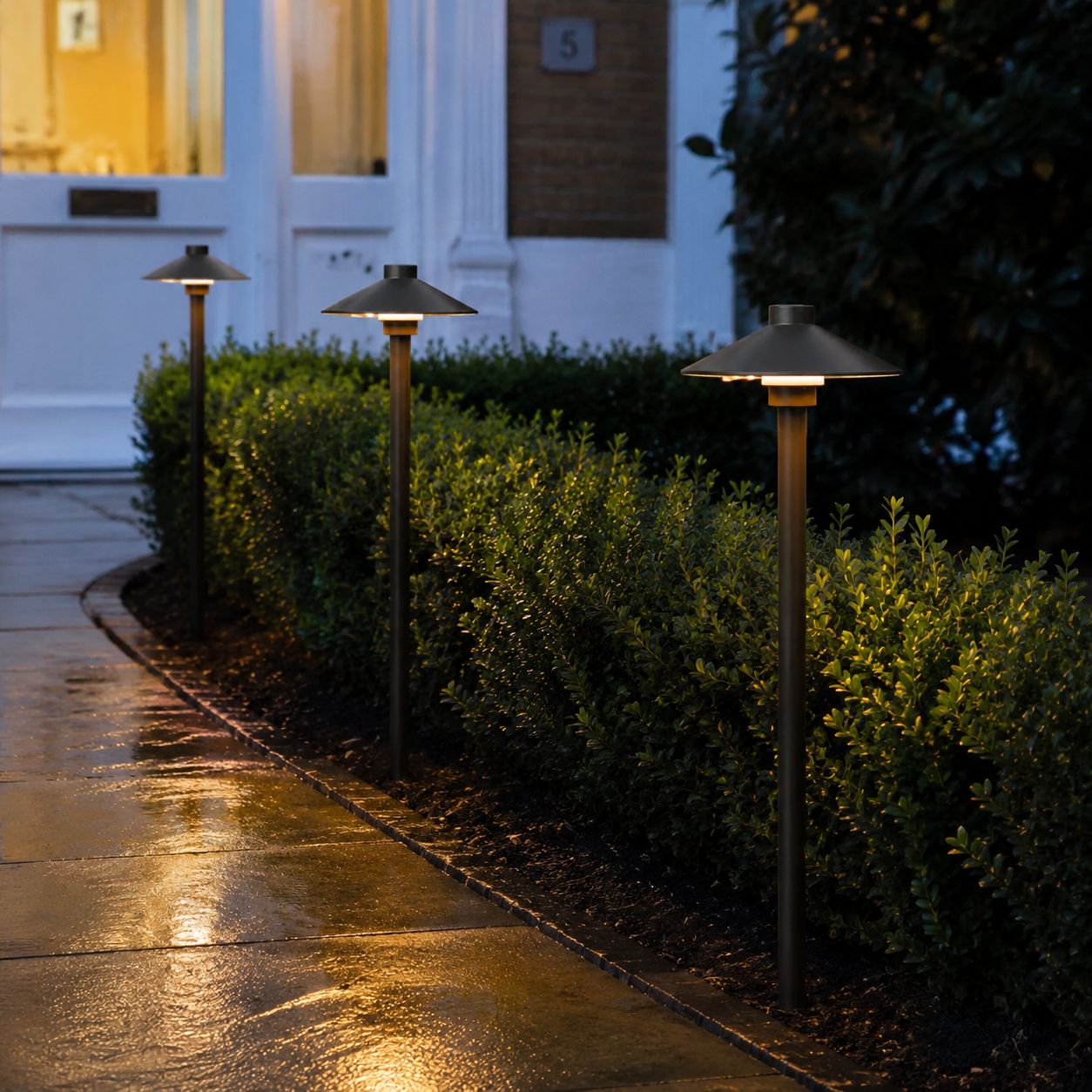 Row of umbrella path lights along a wet path with clipped box hedging