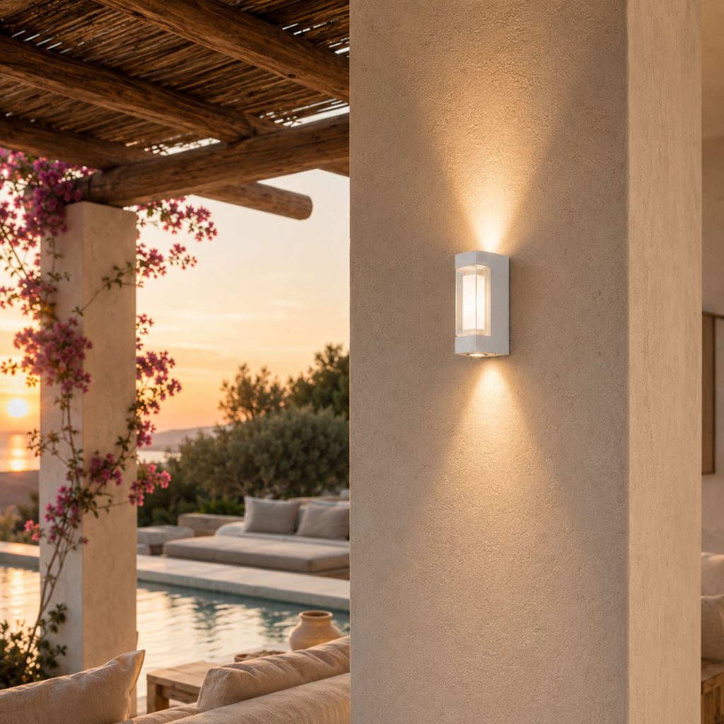 White up and down wall light on a render column beside a pool at sunset