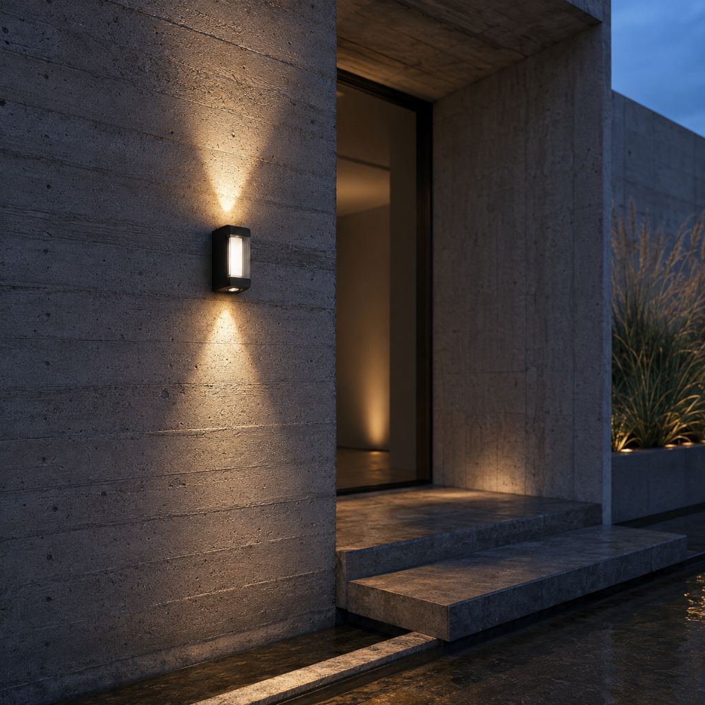Black up and down wall light casting an hourglass beam beside a dark door