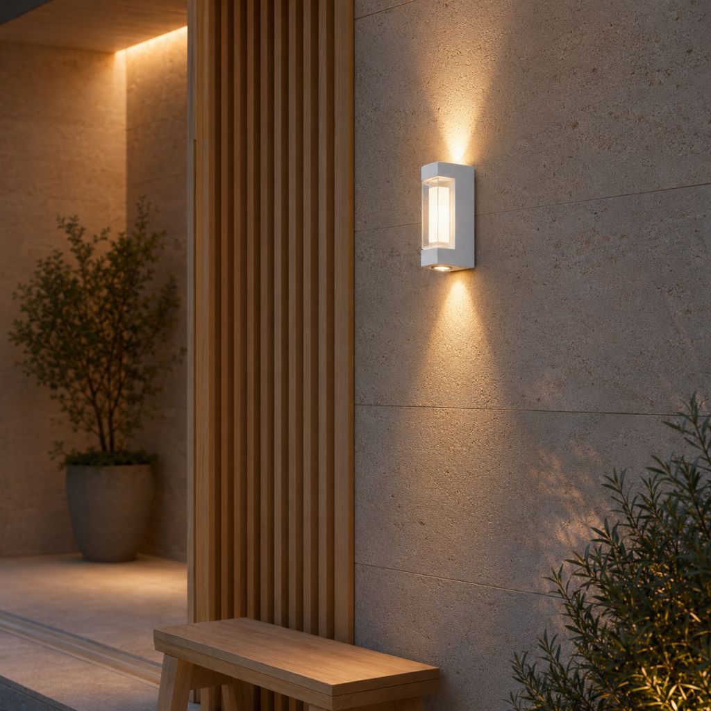 White up and down wall light on stone beside slatted timber and planting