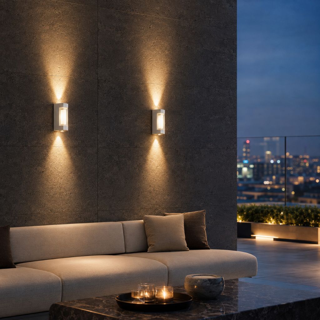 Two up and down wall lights above a rooftop terrace seating area at night