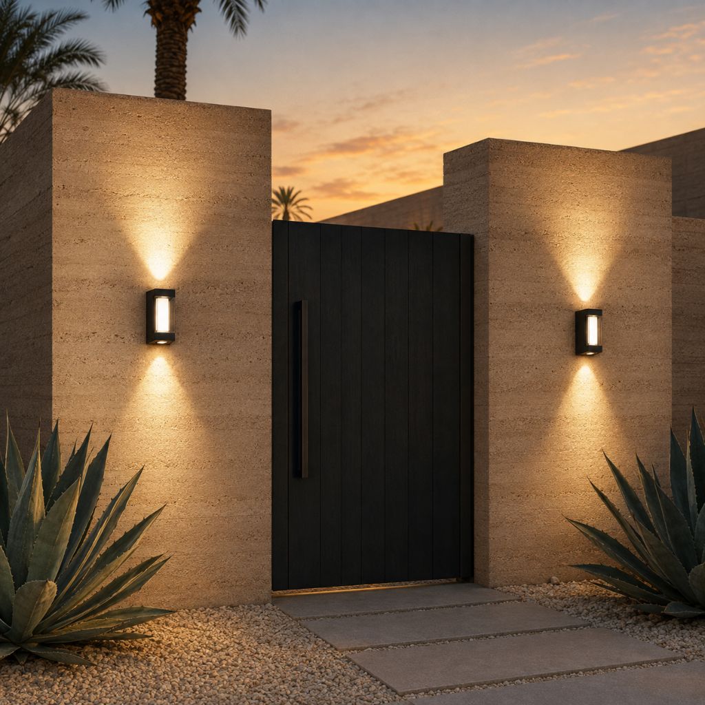 Two up and down wall lights on render piers flanking a dark front door