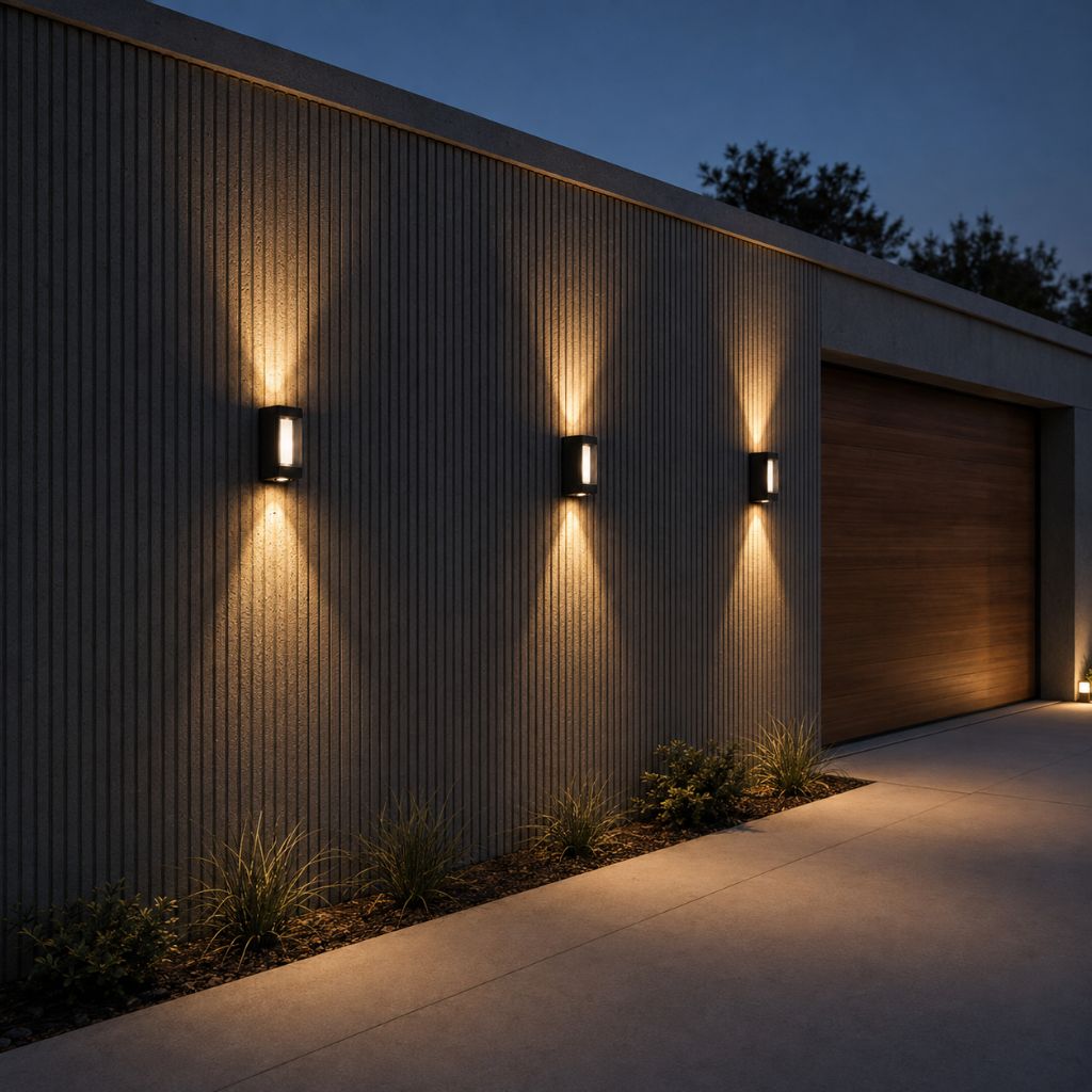 Three up and down wall lights spaced along a dark clad wall by a garage