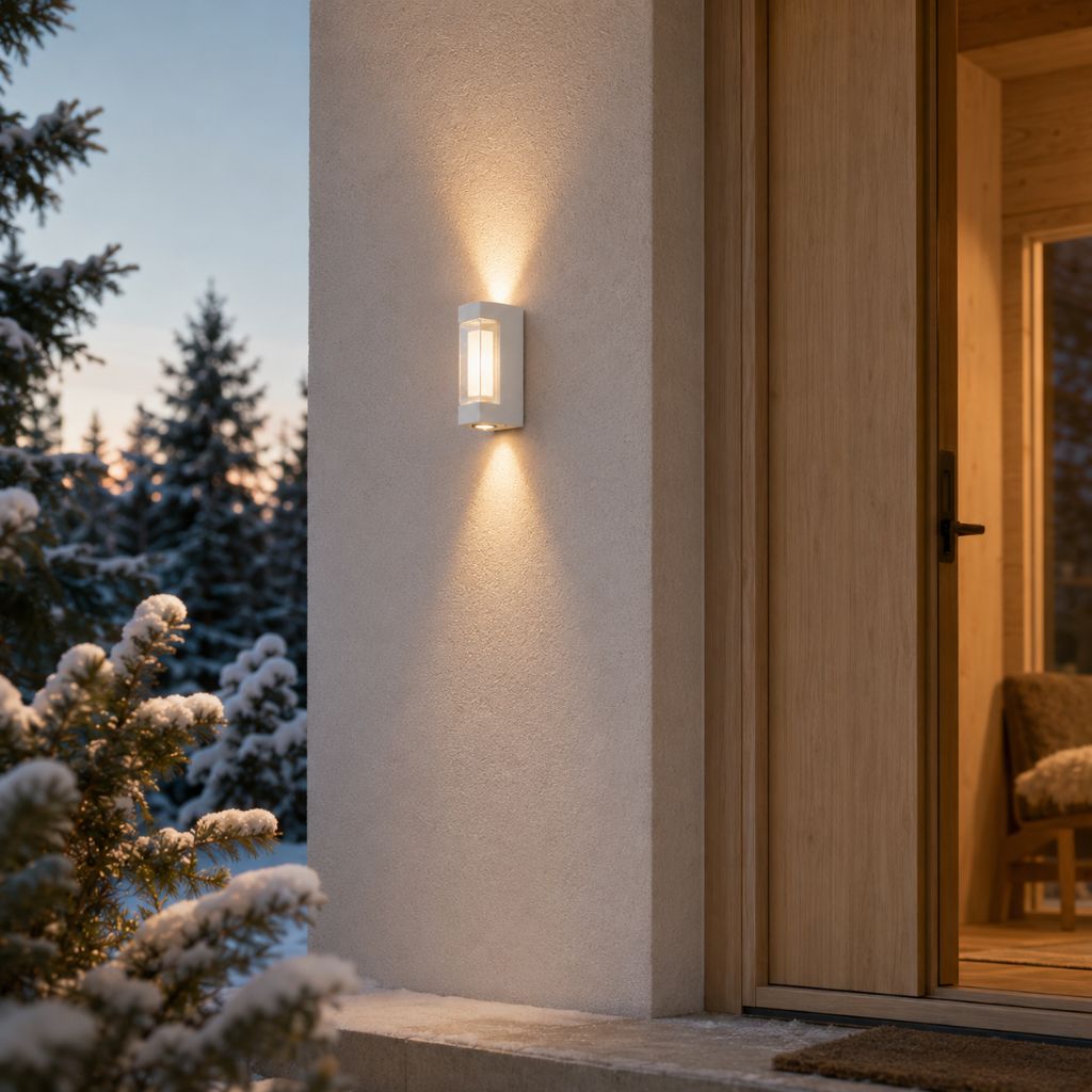 White up and down wall light beside a front door with snow on the conifers