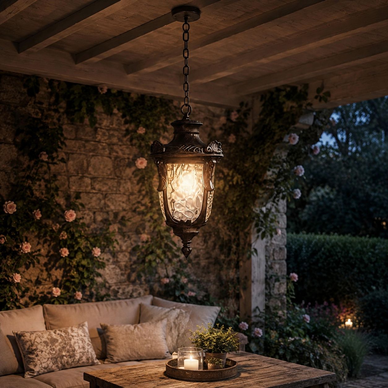 Hammered glass pendant lantern above an outdoor sofa on a rose-covered terrace