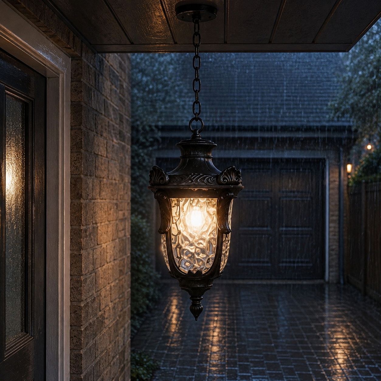 Hammered glass pendant lantern lighting a wet brick passage to a garage at night