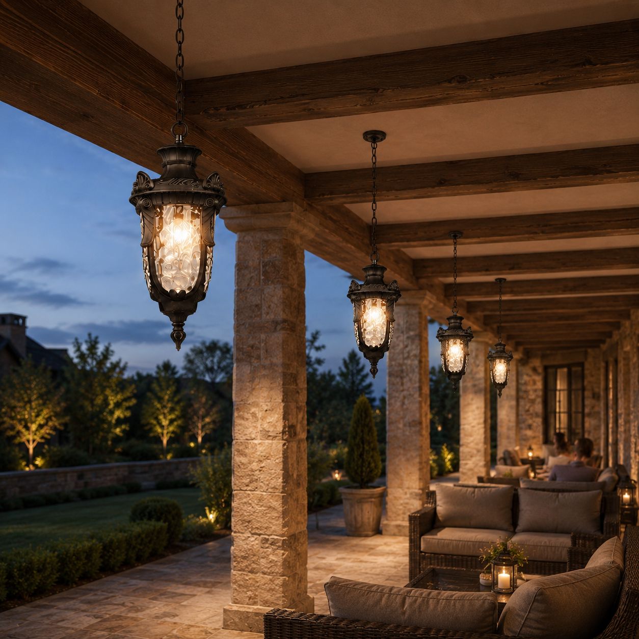 Row of hammered glass pendant lanterns along a stone colonnade at dusk