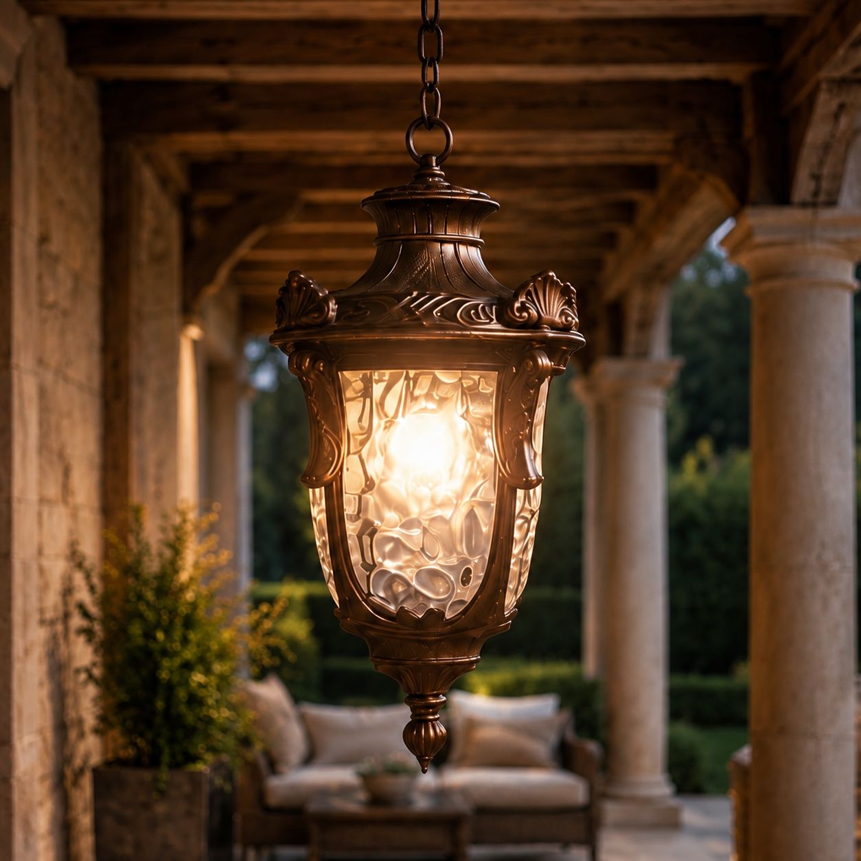 Hammered glass pendant lantern above a timber porch with garden seating