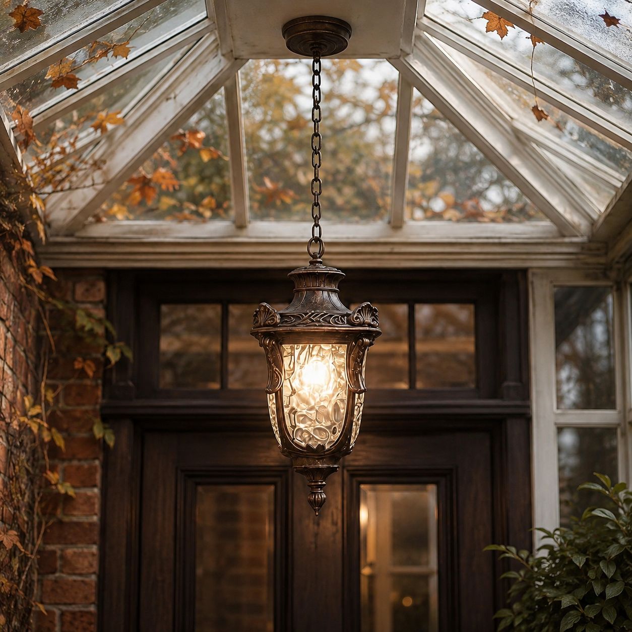 Hammered glass pendant lantern hung in a glazed porch beside a timber door