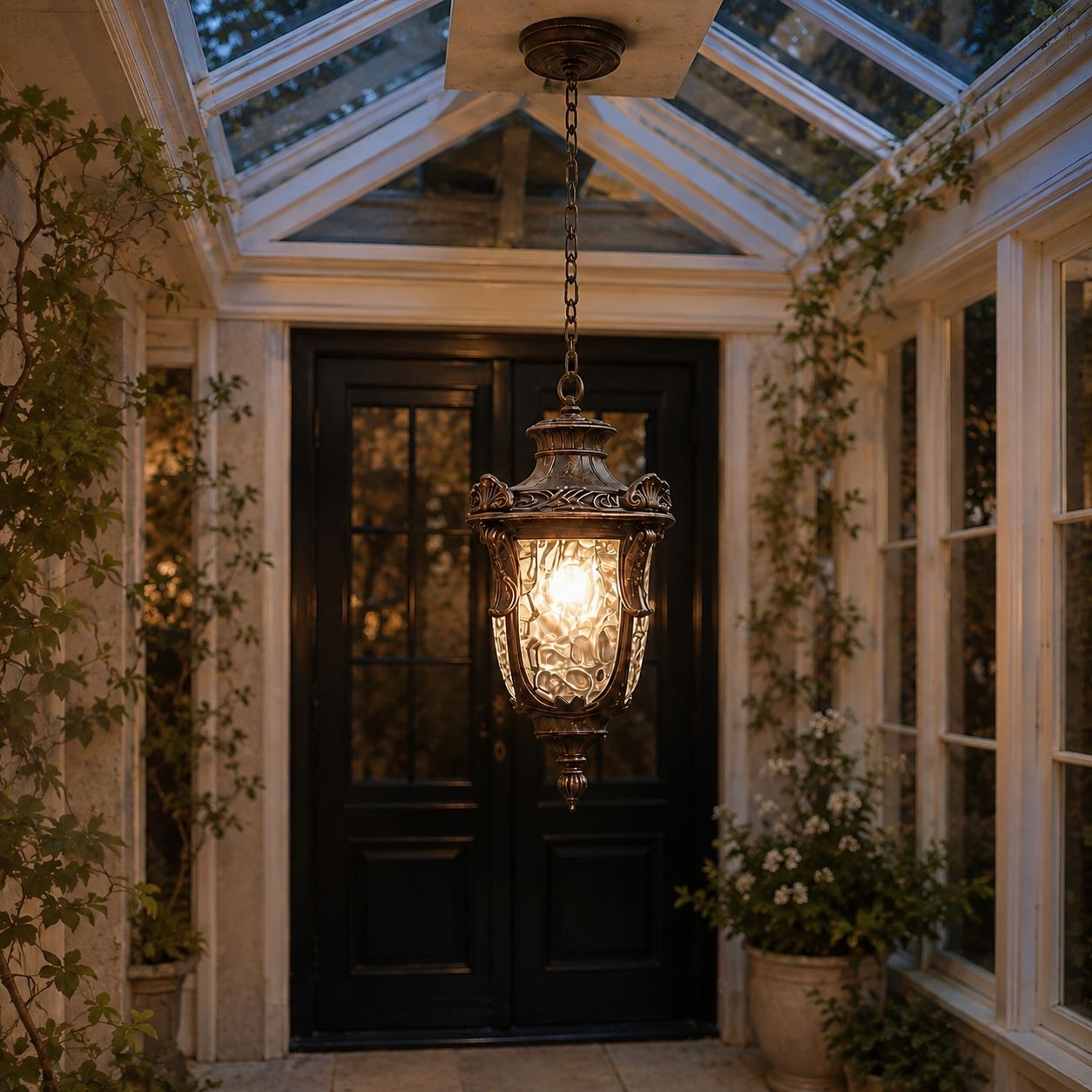 Hammered glass pendant lantern in a glass-roofed porch above a front door