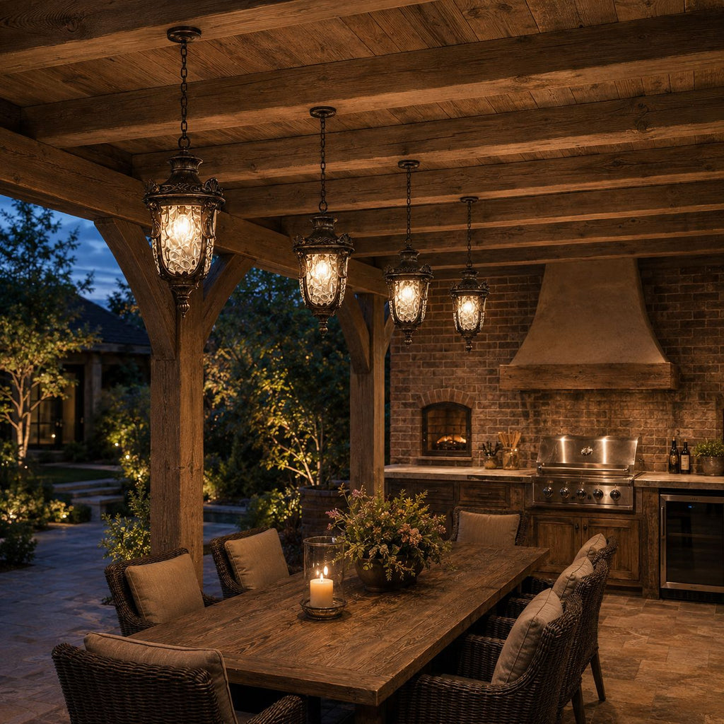 Four hammered glass pendant lanterns along a timber outdoor kitchen ceiling