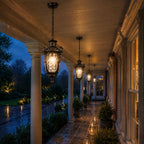 Hammered glass pendant lanterns lighting a stone colonnade walkway at night