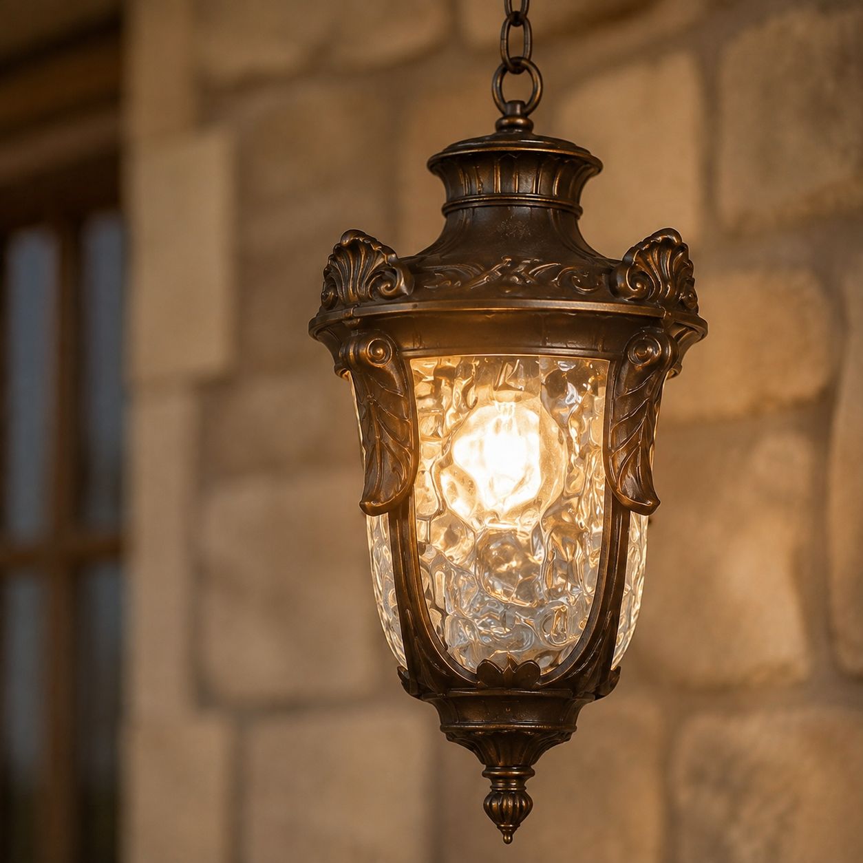 Close view of the bronze hammered glass lantern lit against pale stone