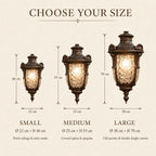 Size guide comparing the small 22cm, medium 25cm and large 38cm hammered glass pendant lanterns