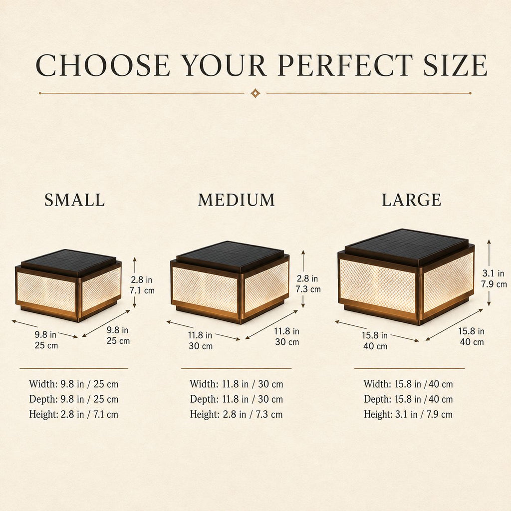 Size guide showing the small, medium and large square post cap lights