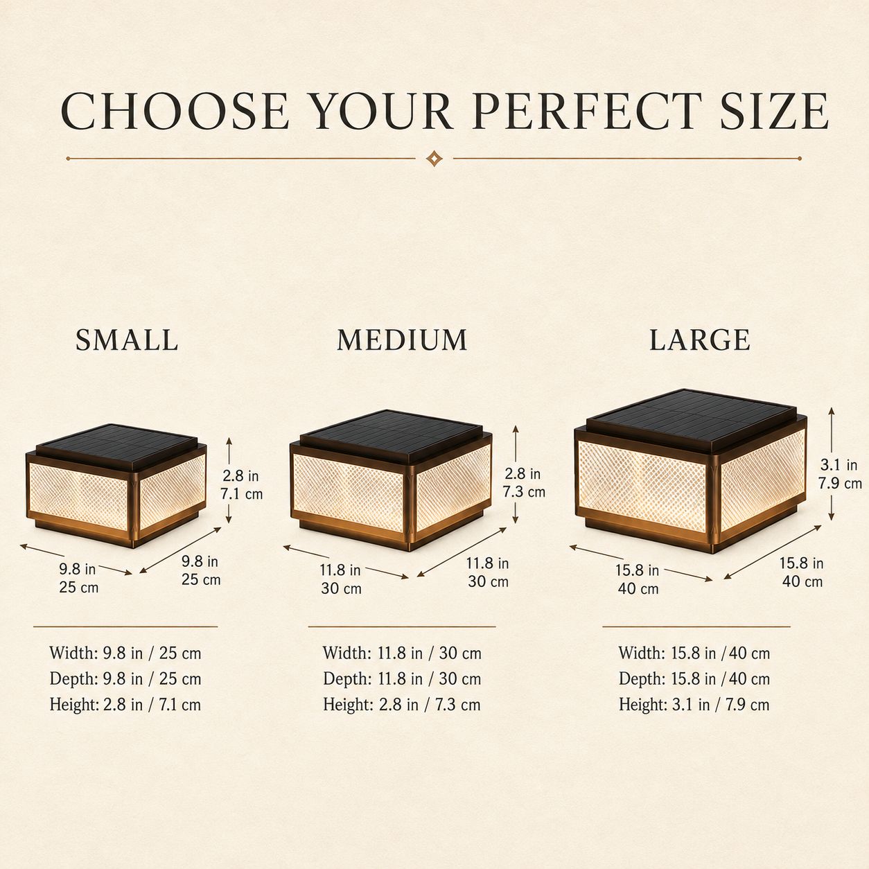 Size guide showing the small, medium and large square post cap lights