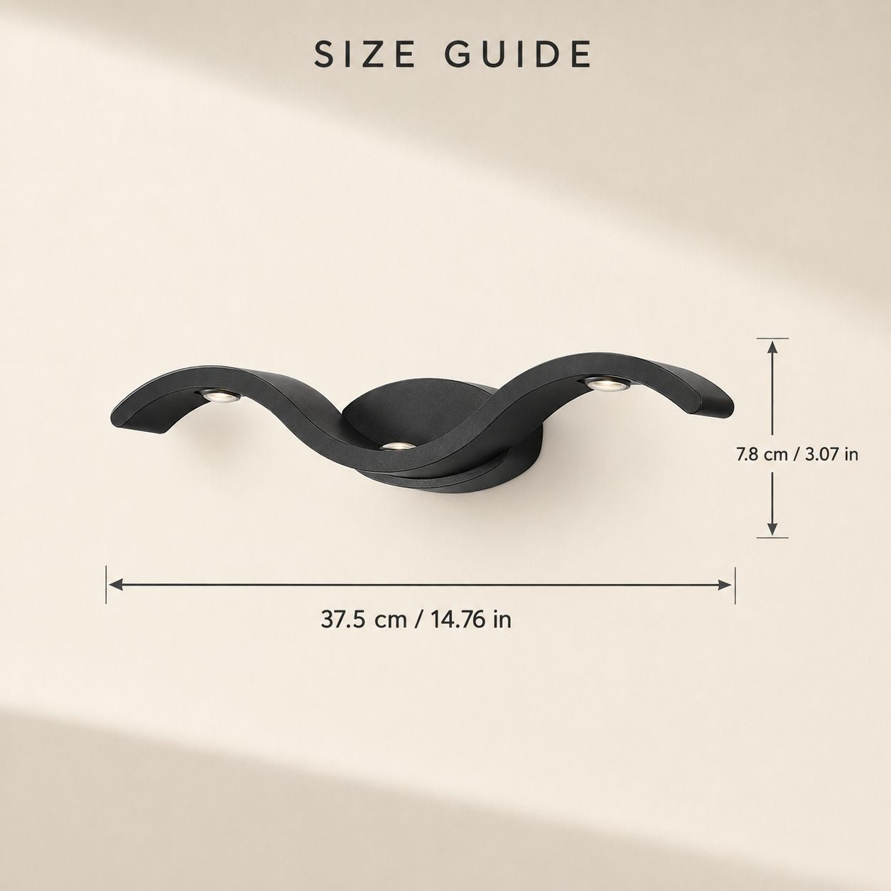 Size guide showing the wave wall light at 37.5cm wide and 7.8cm high