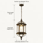 Size chart showing the lantern at 21cm diameter and 48cm high on a 50cm adjustable chain with a 10cm canopy