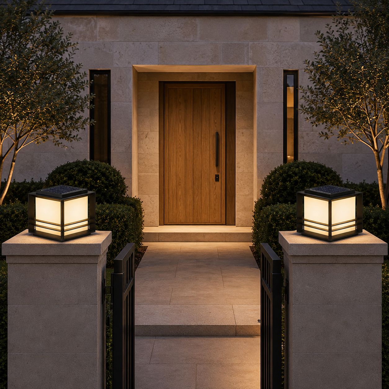 Pair of solar pillar lights on stone gate posts flanking a timber front door