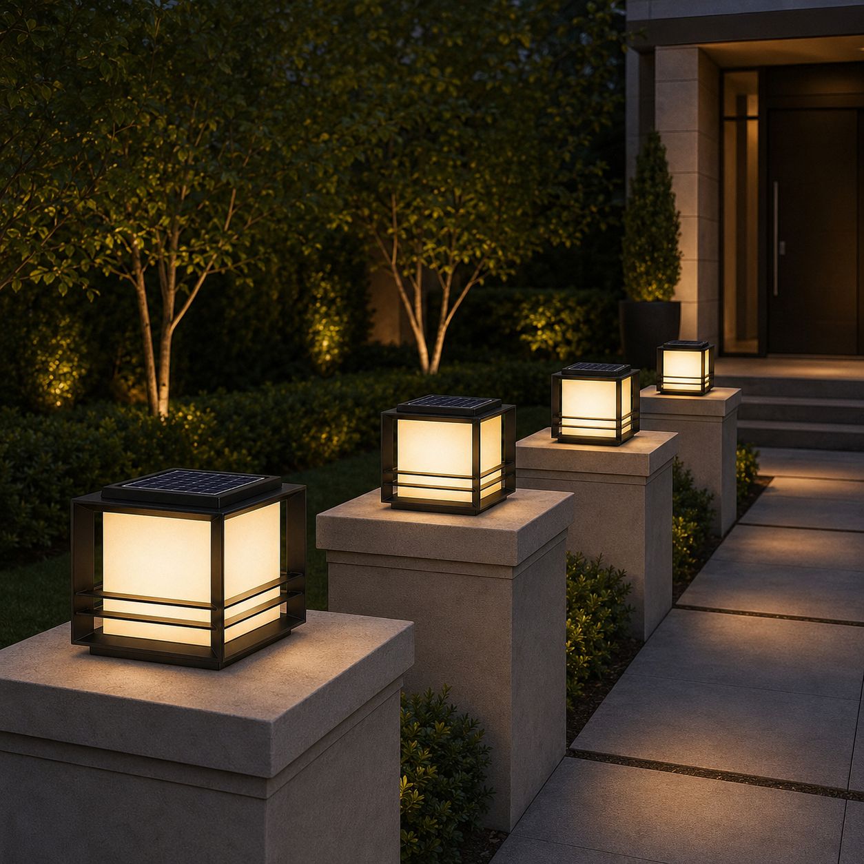 Four pillar lights along a run of stone gate posts beside a planted path