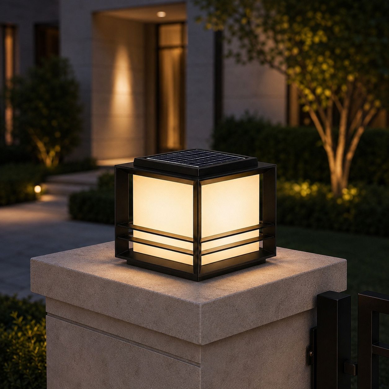 Solar pillar light glowing on a stone pillar cap beside a lit entrance
