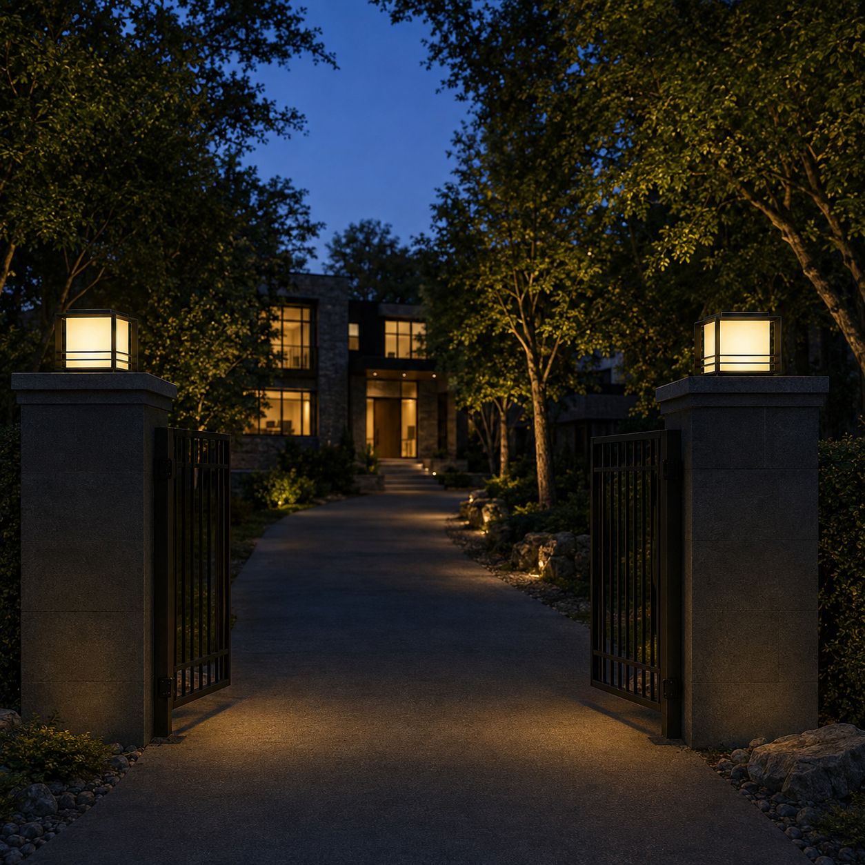 Two pillar lights on gate piers at the end of a tree-lined driveway at dusk