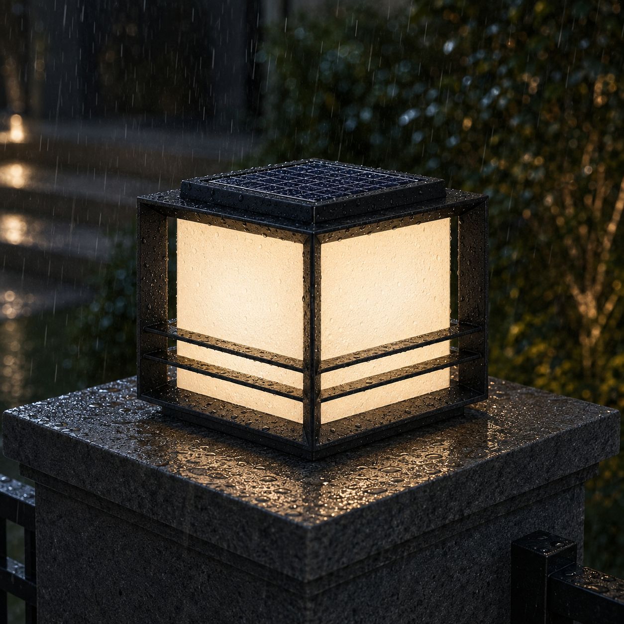 Solar pillar light in heavy rain, water beading on the panel set into the top