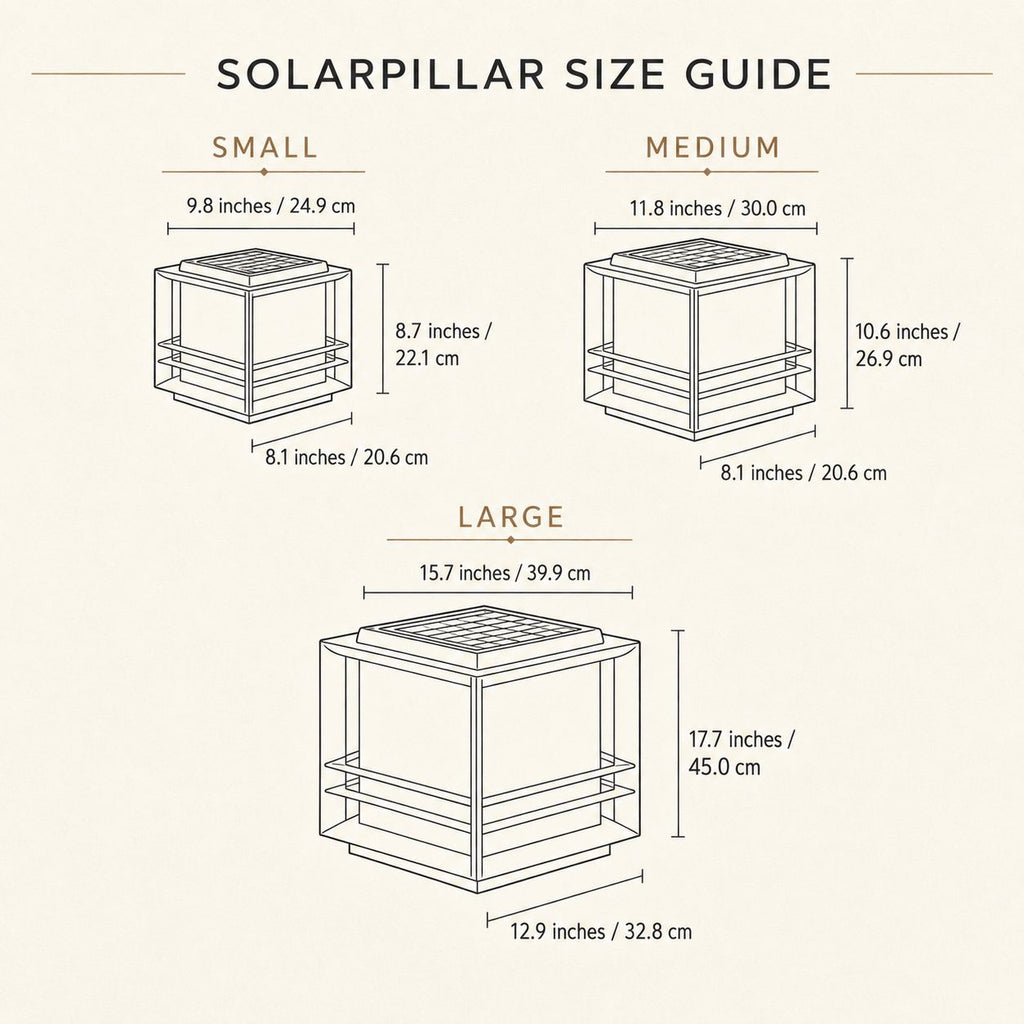 Size guide showing the small, medium and large solar pillar light dimensions