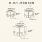 Size guide showing the small, medium and large solar pillar light dimensions