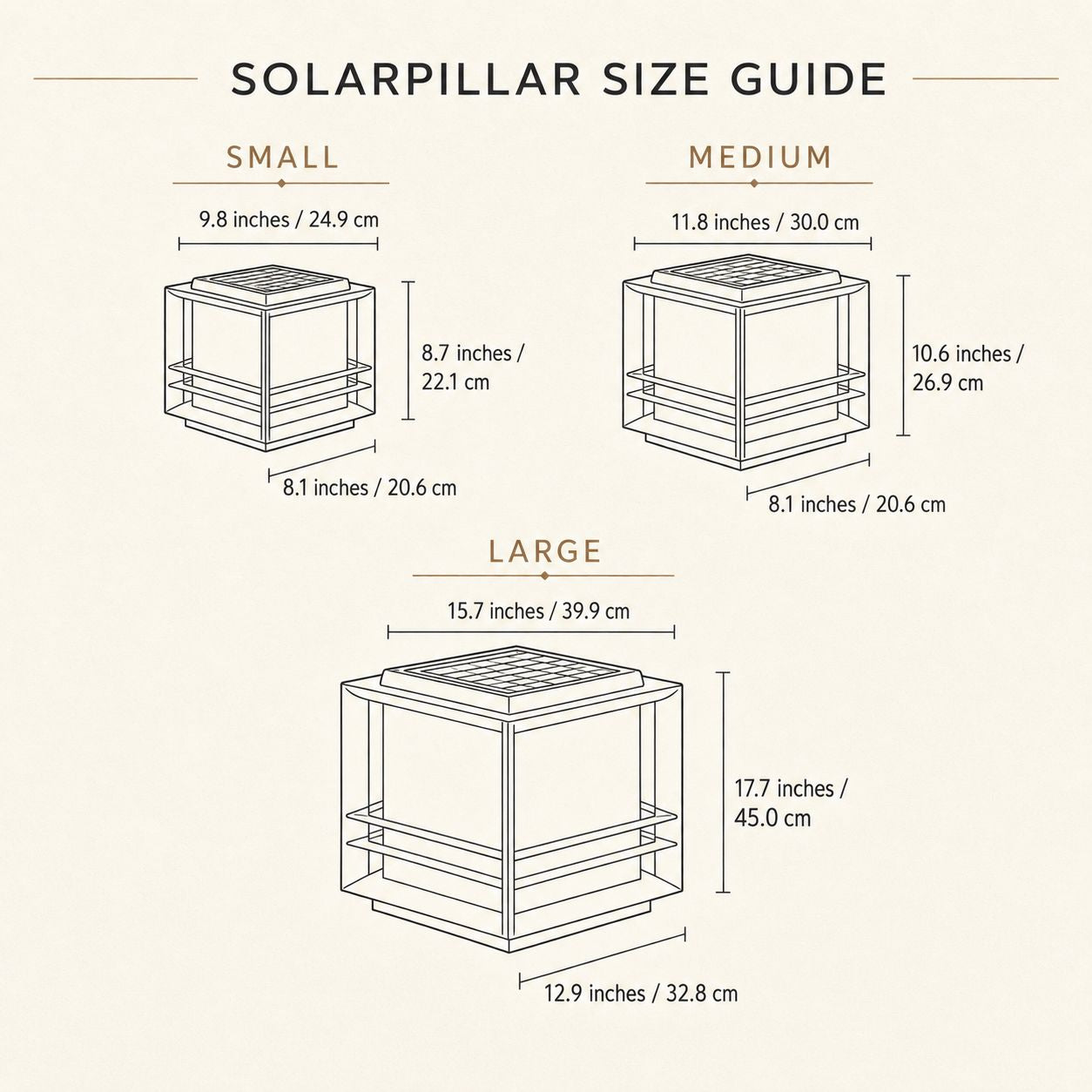 Size guide showing the small, medium and large solar pillar light dimensions