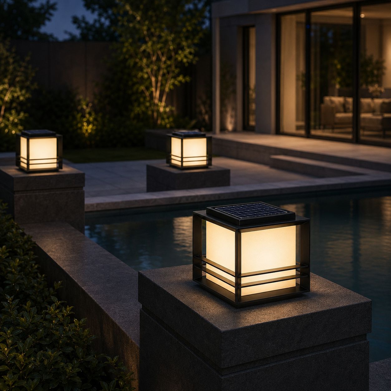 Two solar pillar lights on posts beside a modern glass-walled patio at dusk