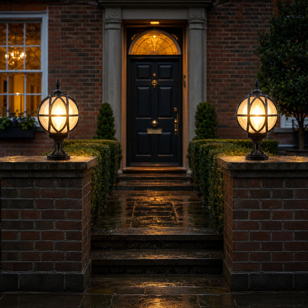 Pair of bronze globe post lights on brick pillars beside the navy front door of a red brick house