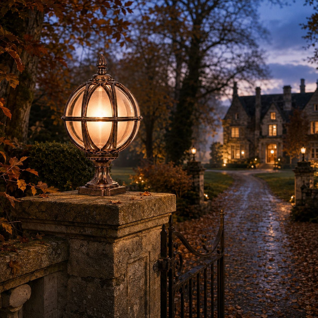 Bronze globe post light on a stone gate pillar with a gravel drive leading to a manor house at dusk