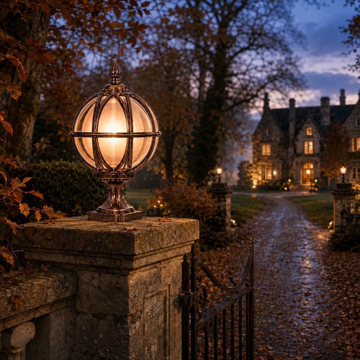 Bronze globe post light on a stone gate pillar with a gravel drive leading to a manor house at dusk