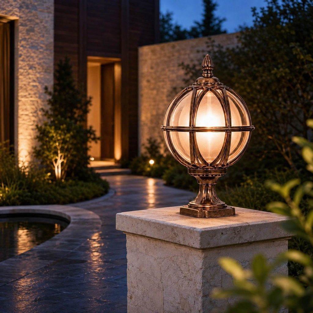 Bronze globe post light glowing on a stone pier beside a rendered modern house at dusk