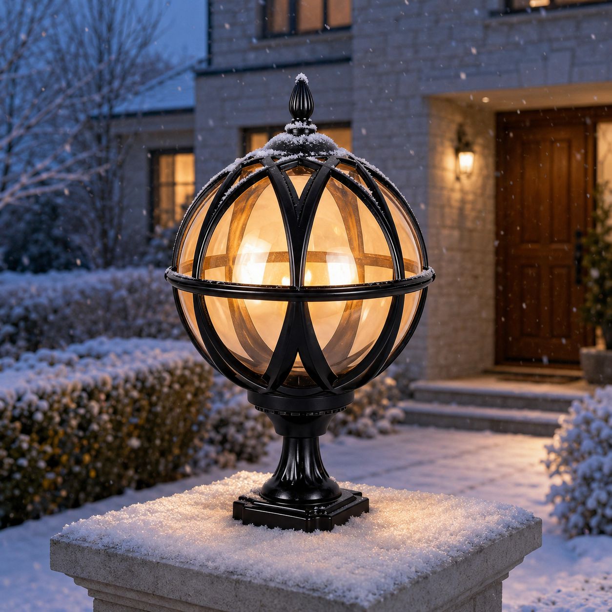 Black globe post light lit in winter with snow settled on the finial and pillar cap
