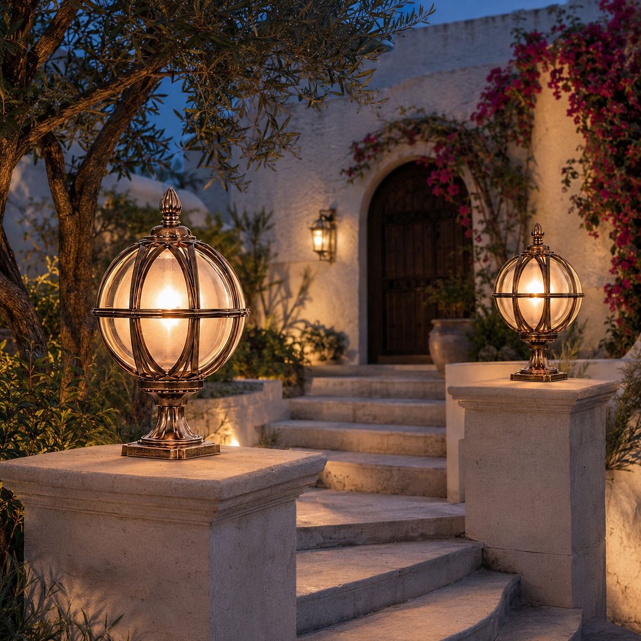 Two bronze globe post lights on stone piers beside steps to a villa with bougainvillea