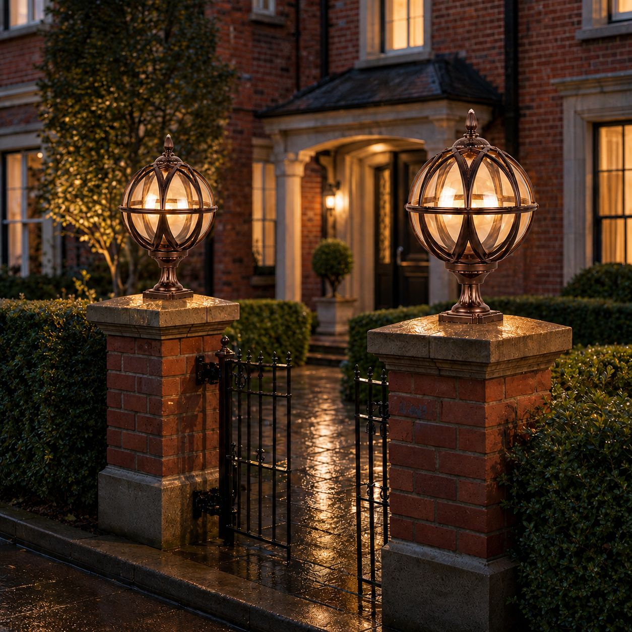 Bronze globe post lights on red brick gate piers with a wrought iron gate and wet driveway