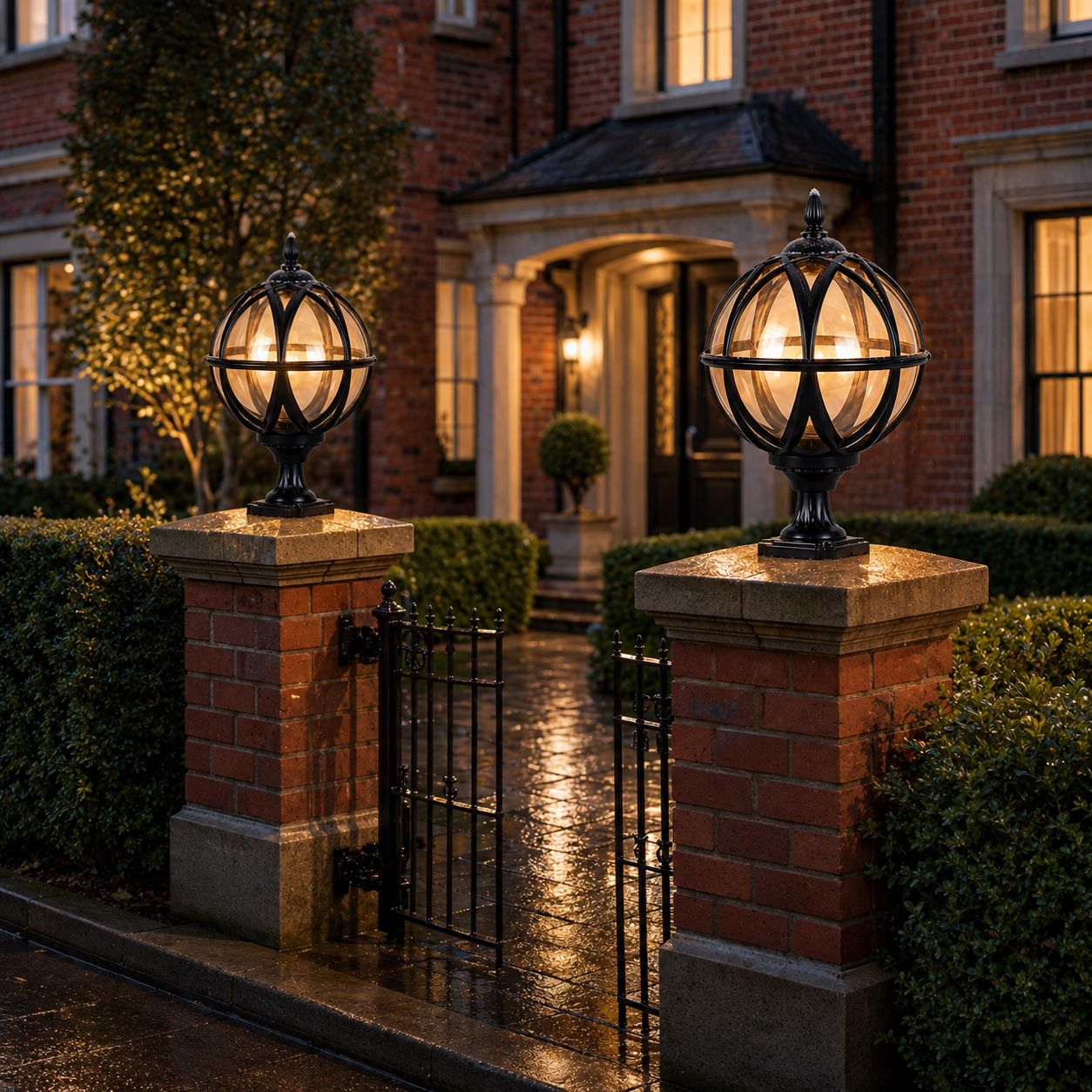 Black finish version of the globe post light on the same red brick gate piers, for comparison