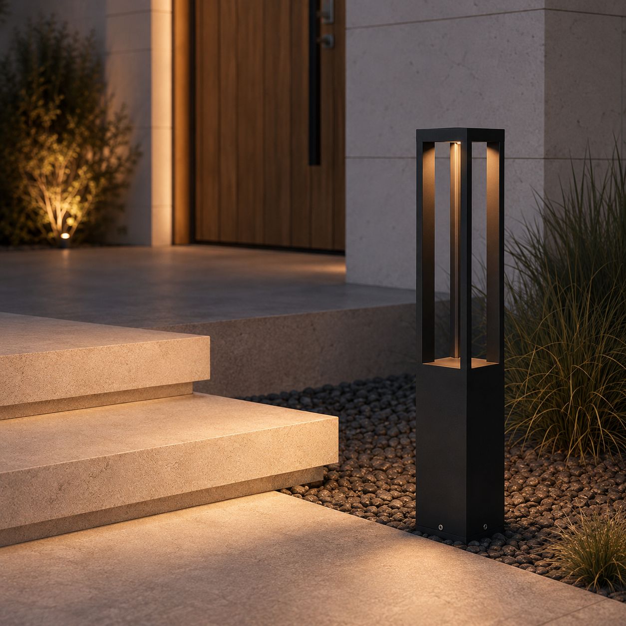 LED bollard light beside stone steps leading to a timber entrance, gravel bed