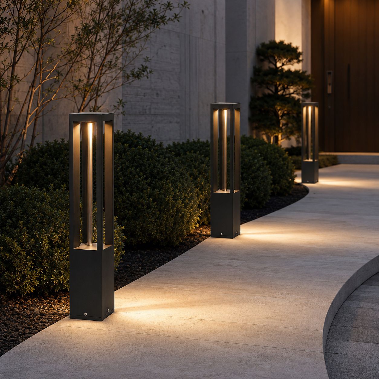 Three garden bollard lights lighting a path beside clipped box hedging