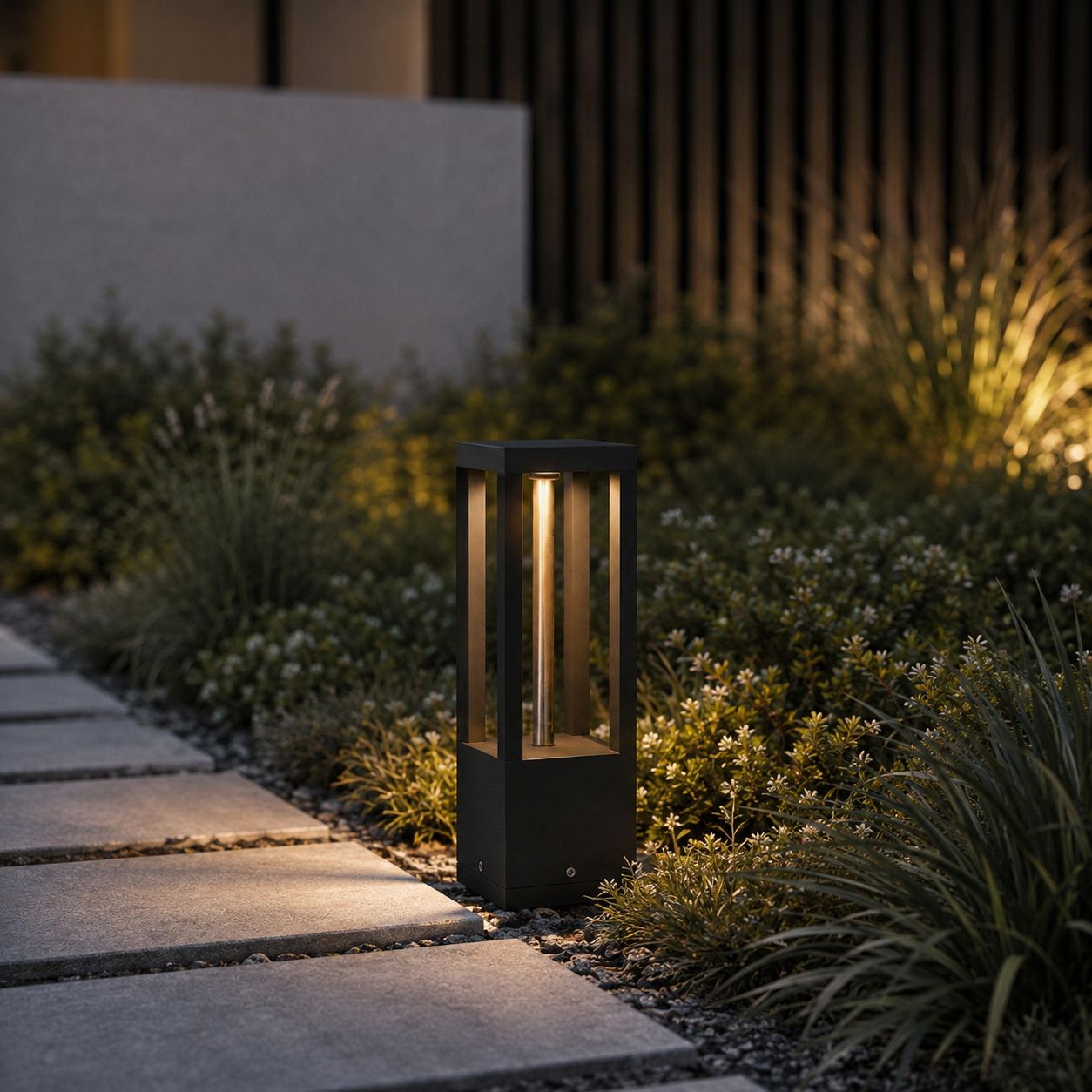 40cm garden bollard light among ornamental grasses beside stone paving