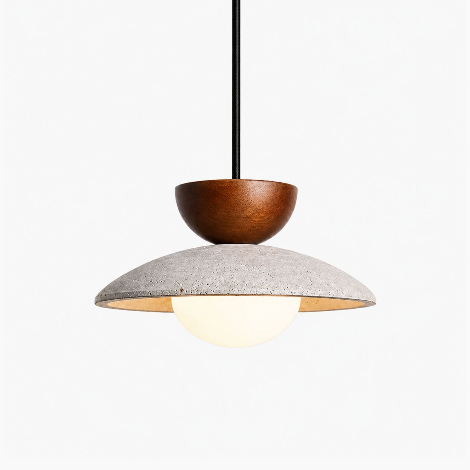 Modern pendant light with walnut wood and travertine shade