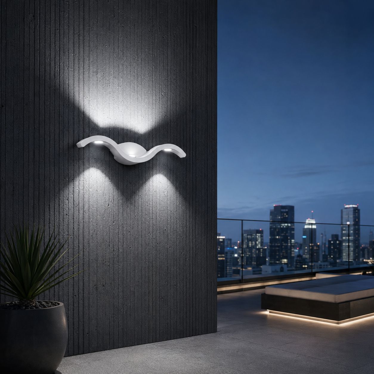 White wave wall light in cool white on dark timber with a city skyline behind