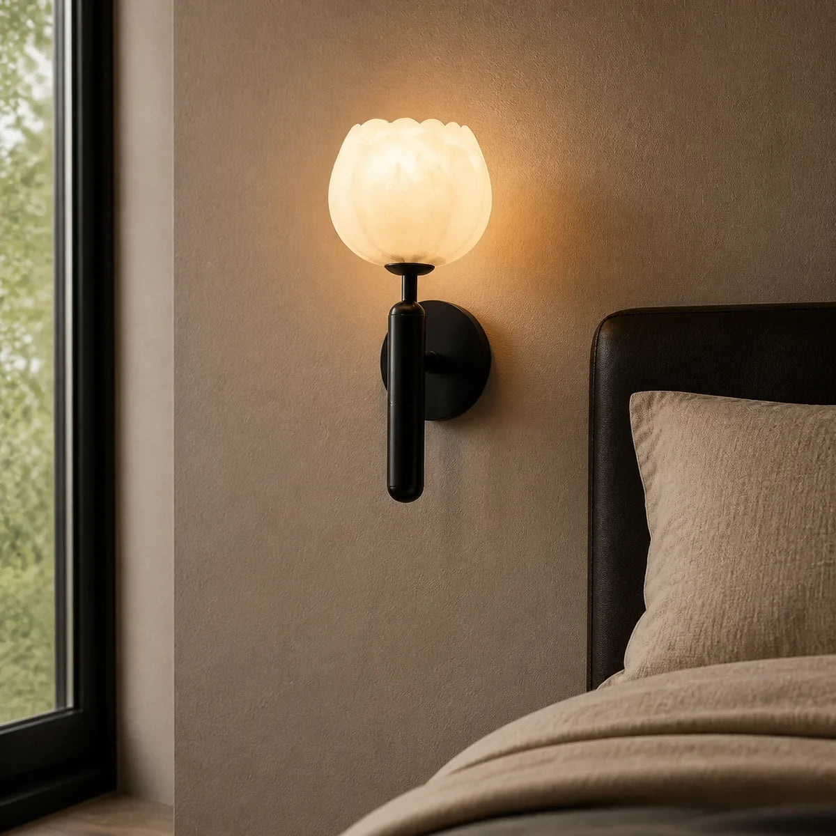 AlabasterGlow black natural alabaster wall sconce close lifestyle view