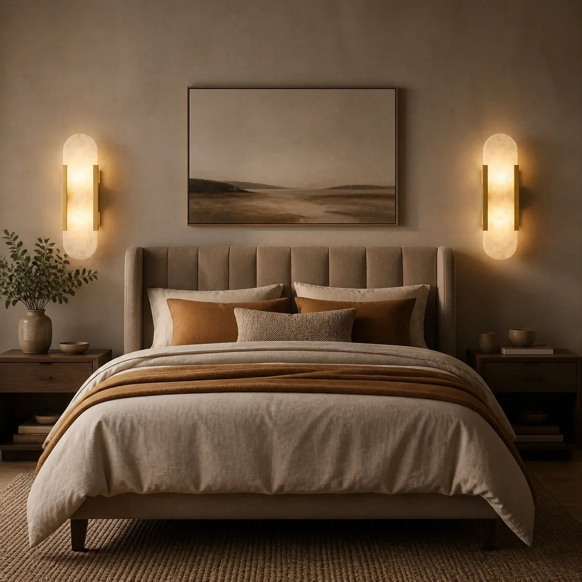 Pair of AlabasterGlow Modern wall sconces in a realistic bedroom
