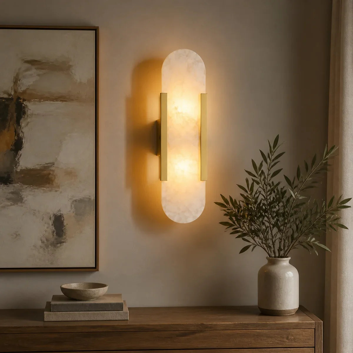 AlabasterGlow Modern large brass wall sconce close lifestyle view