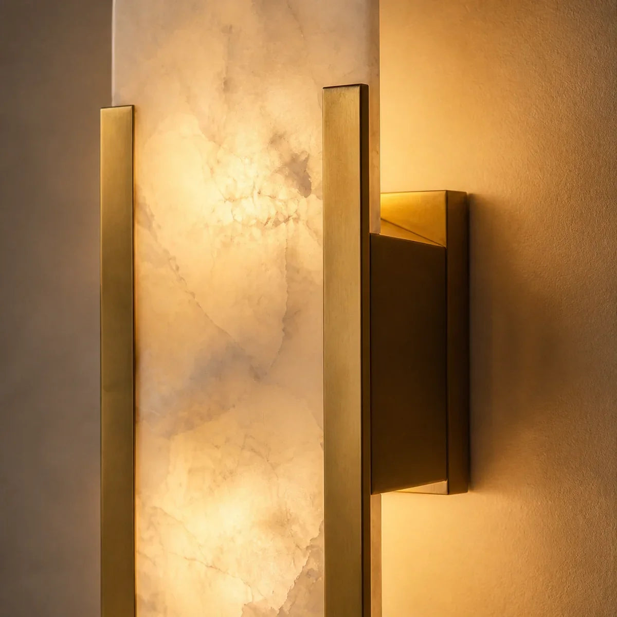 AlabasterGlow Modern alabaster slab and brass rail detail