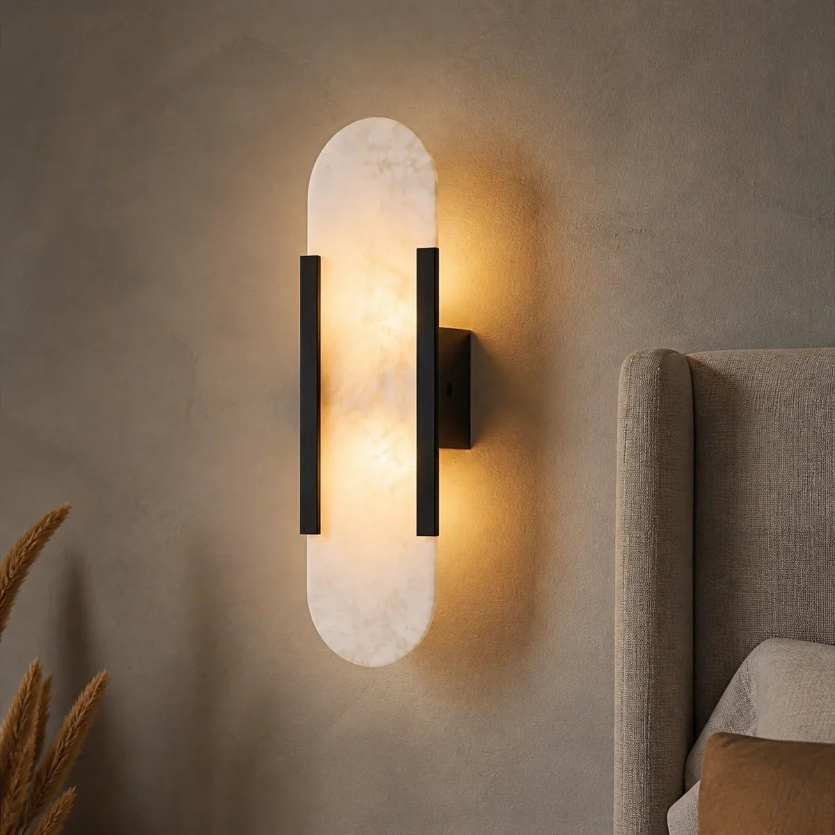 AlabasterGlow Modern small black wall sconce close lifestyle view