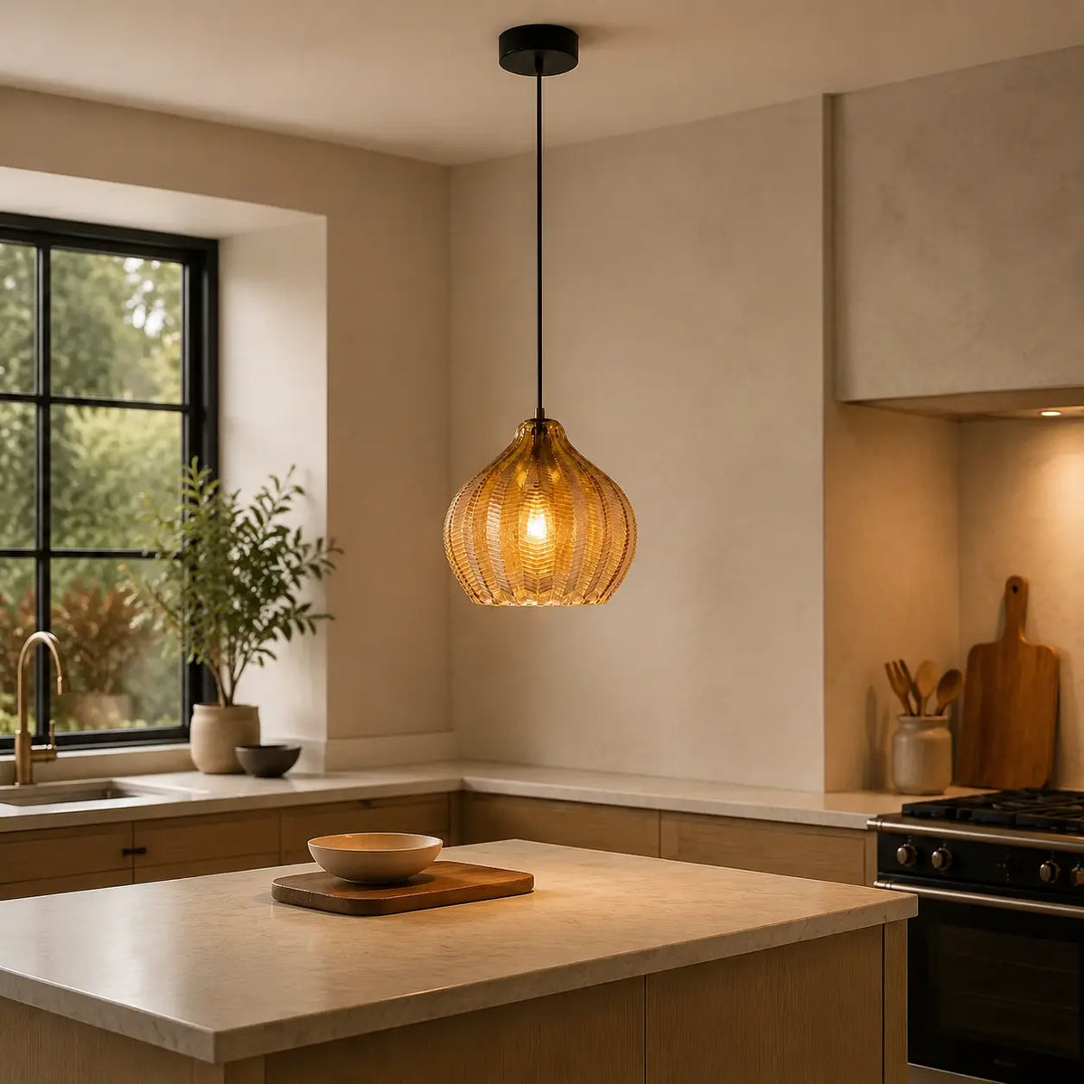 AmberGlow | Elegant Warm Tinted Glass Pendant Lighting for Kitchen Island